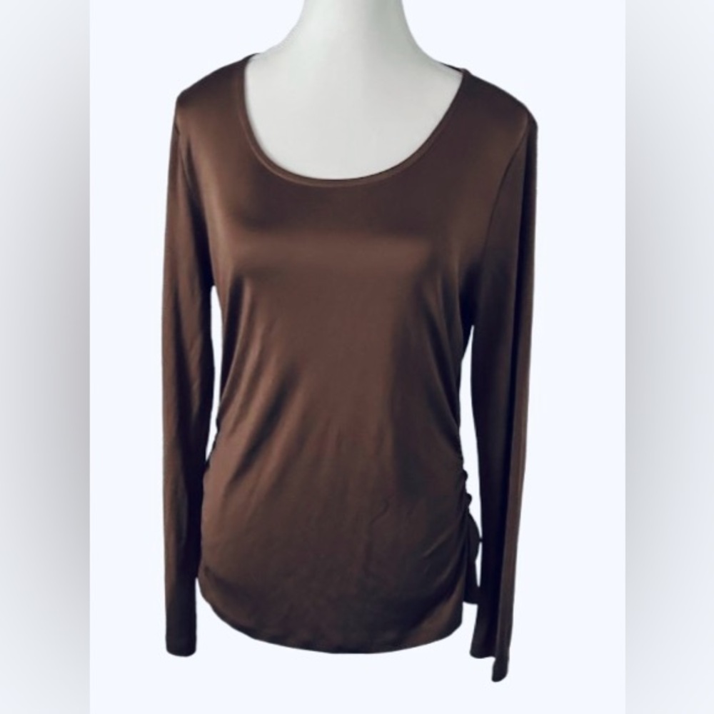 100% Silk Carlisle Ruched Brown Long Sleeved Shirt Top Blouse Designer Vintage